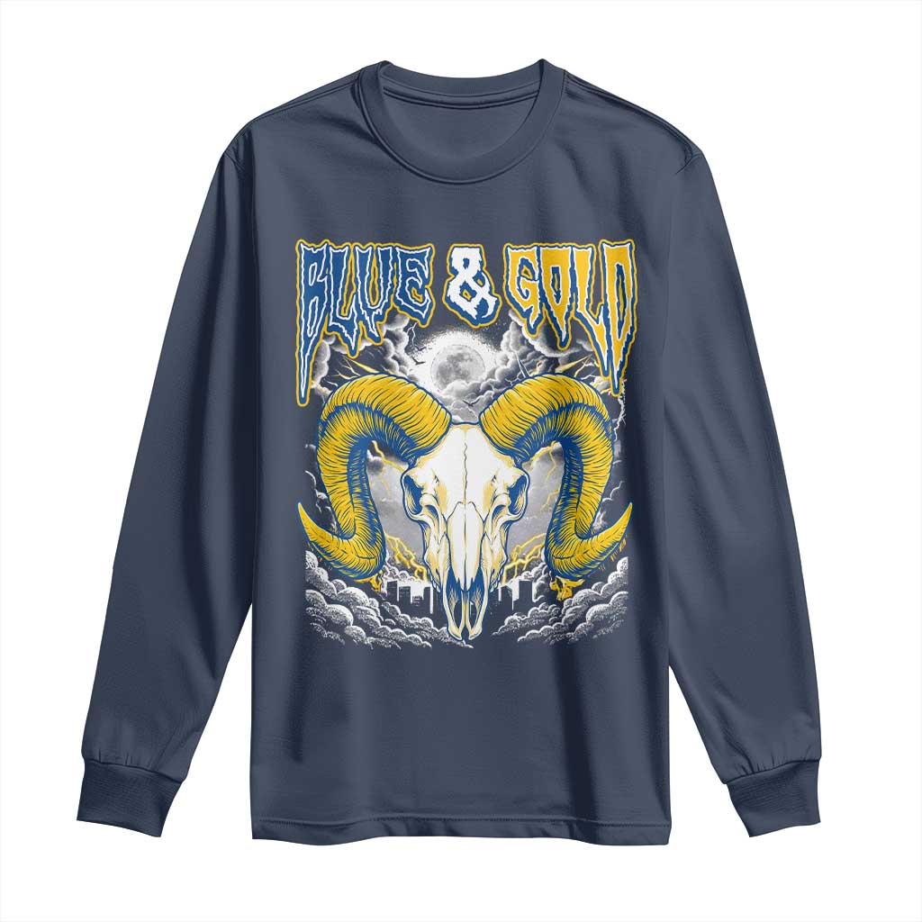 Blue and Gold Lightning Ram Skull Bighorn Sheep Graphic Long Sleeve Shirt Electric City Pride TS02 Navy Print Your Wear