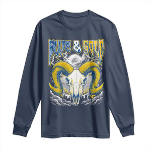 Blue and Gold Lightning Ram Skull Bighorn Sheep Graphic Long Sleeve Shirt Electric City Pride TS02 Navy Print Your Wear