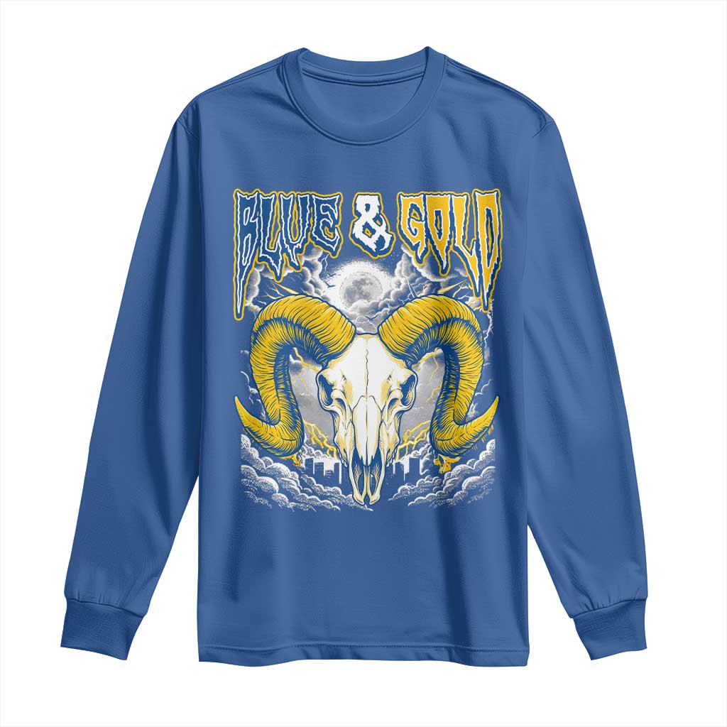Blue and Gold Lightning Ram Skull Bighorn Sheep Graphic Long Sleeve Shirt Electric City Pride TS02 Royal Blue Print Your Wear