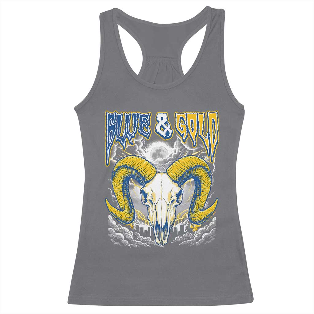 Blue and Gold Lightning Ram Skull Bighorn Sheep Graphic Racerback Tank Top Electric City Pride TS02 Charcoal Print Your Wear