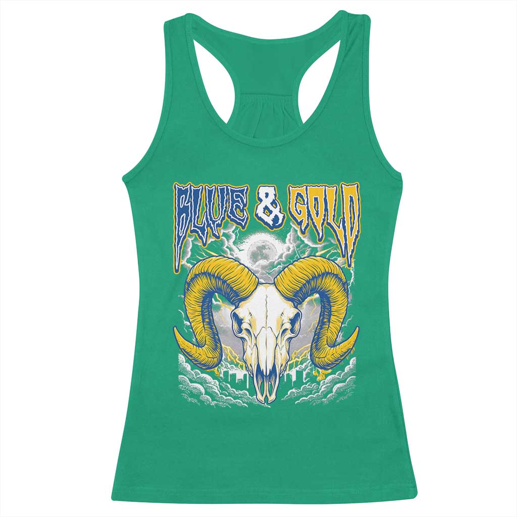 Blue and Gold Lightning Ram Skull Bighorn Sheep Graphic Racerback Tank Top Electric City Pride TS02 Irish Green Print Your Wear