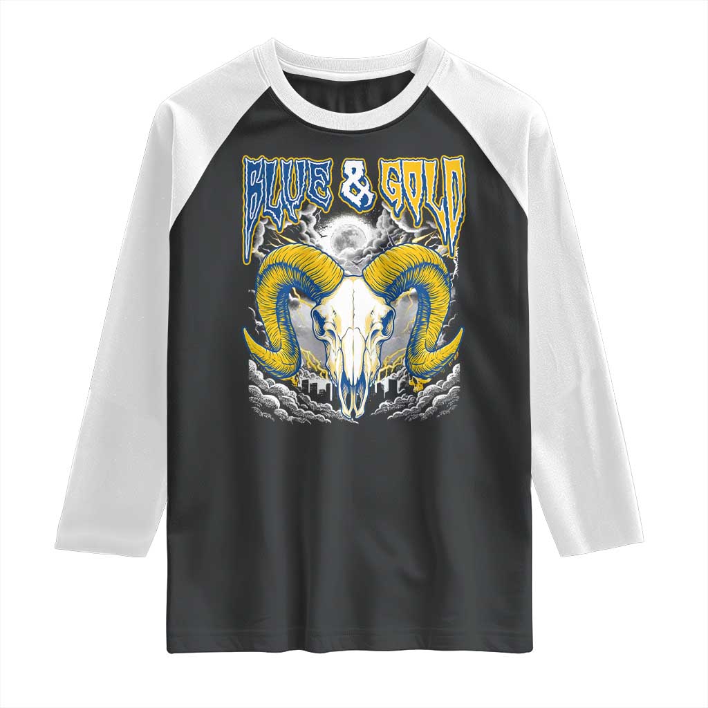 Blue and Gold Lightning Ram Skull Bighorn Sheep Graphic Raglan Shirt Electric City Pride TS02 Black White Print Your Wear