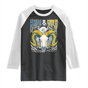 Blue and Gold Lightning Ram Skull Bighorn Sheep Graphic Raglan Shirt Electric City Pride TS02 Black White Print Your Wear