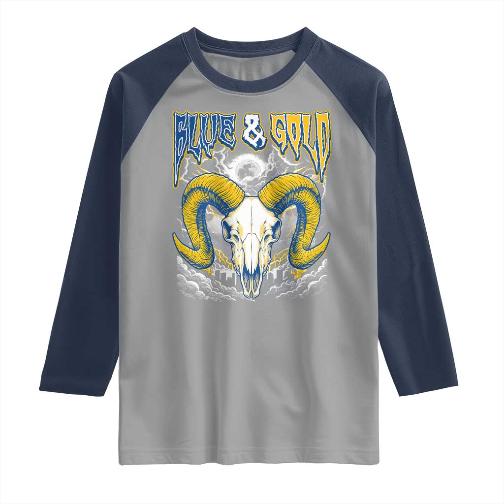 Blue and Gold Lightning Ram Skull Bighorn Sheep Graphic Raglan Shirt Electric City Pride TS02 Sport Gray Navy Print Your Wear