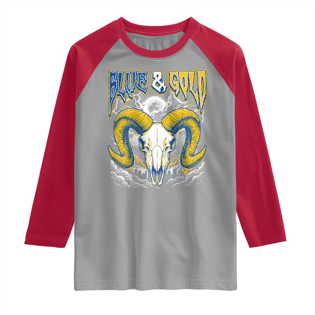 Blue and Gold Lightning Ram Skull Bighorn Sheep Graphic Raglan Shirt Electric City Pride TS02 Sport Gray Red Print Your Wear