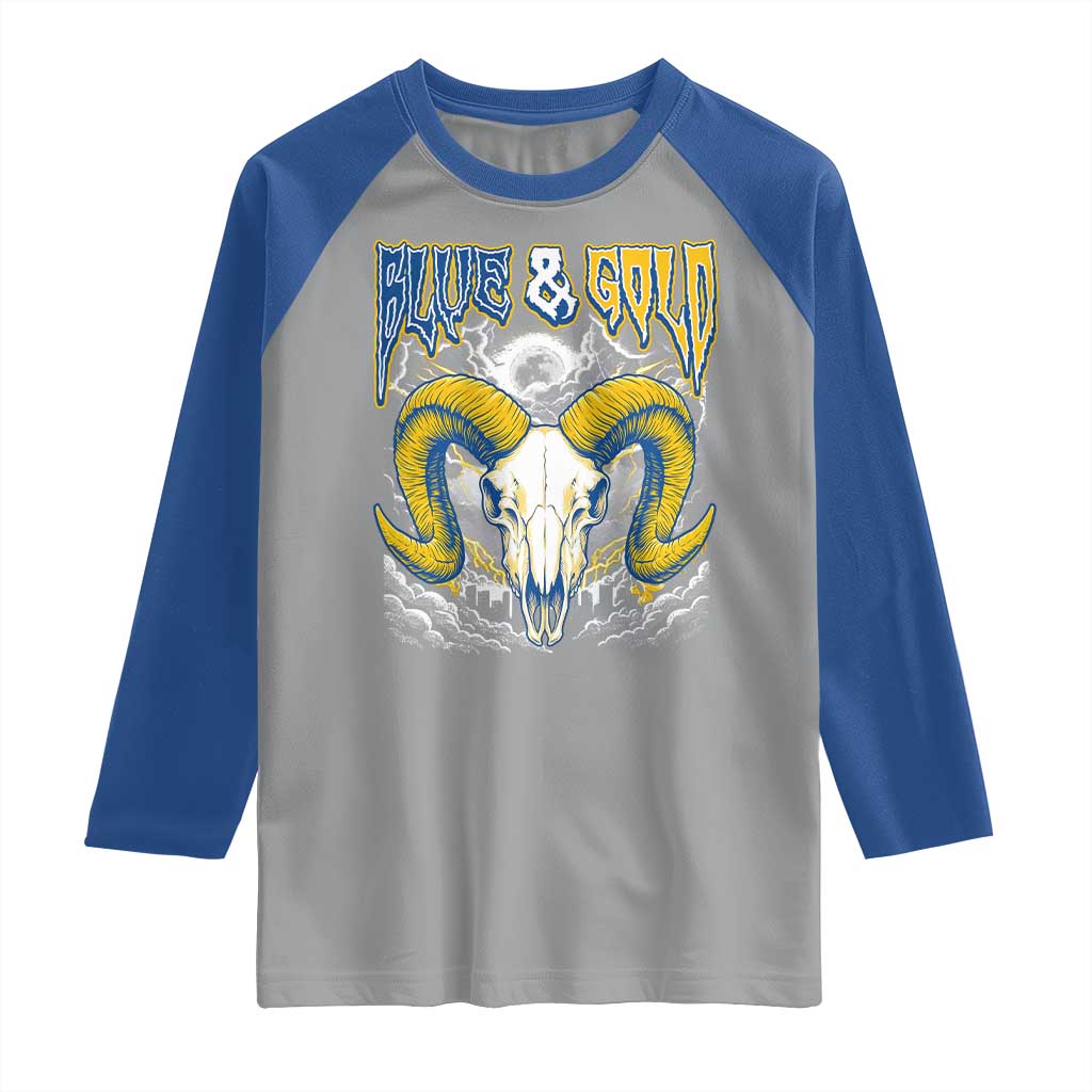 Blue and Gold Lightning Ram Skull Bighorn Sheep Graphic Raglan Shirt Electric City Pride TS02 Sport Gray Royal Print Your Wear