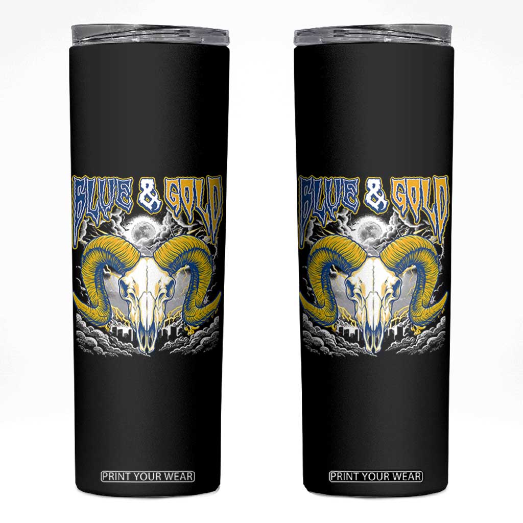 Blue and Gold Lightning Ram Skull Bighorn Sheep Graphic Skinny Tumbler Electric City Pride TS02 Black Print Your Wear