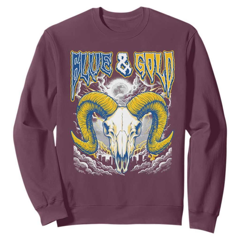 Blue and Gold Lightning Ram Skull Bighorn Sheep Graphic Sweatshirt Electric City Pride TS02 Maroon Print Your Wear