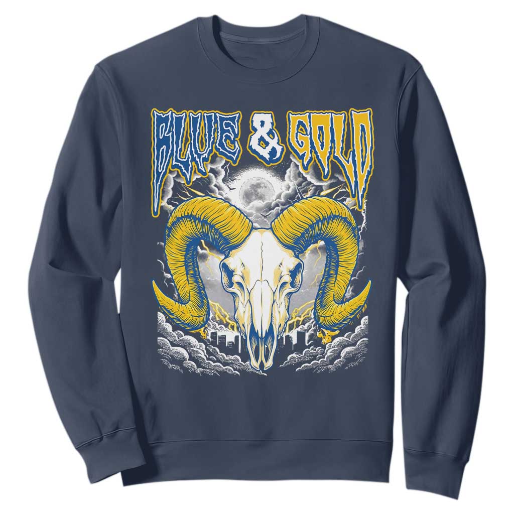 Blue and Gold Lightning Ram Skull Bighorn Sheep Graphic Sweatshirt Electric City Pride TS02 Navy Print Your Wear