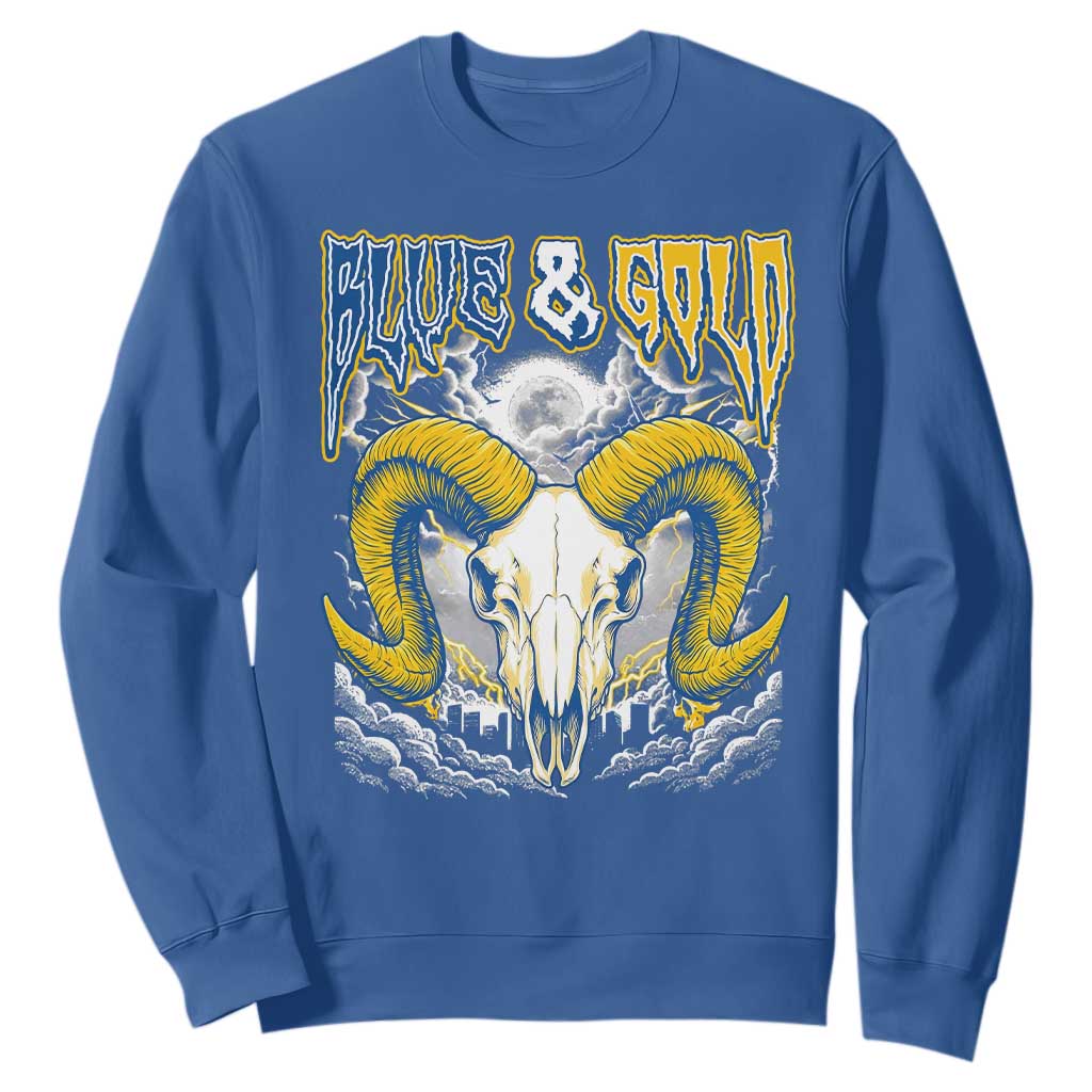 Blue and Gold Lightning Ram Skull Bighorn Sheep Graphic Sweatshirt Electric City Pride TS02 Royal Blue Print Your Wear