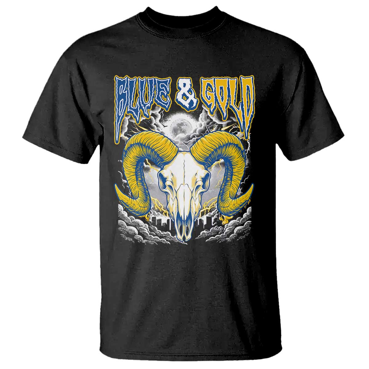 Blue and Gold Lightning Ram Skull Bighorn Sheep Graphic T Shirt Electric City Pride TS02 Black Print Your Wear