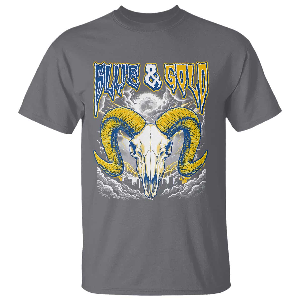 Blue and Gold Lightning Ram Skull Bighorn Sheep Graphic T Shirt Electric City Pride TS02 Charcoal Print Your Wear