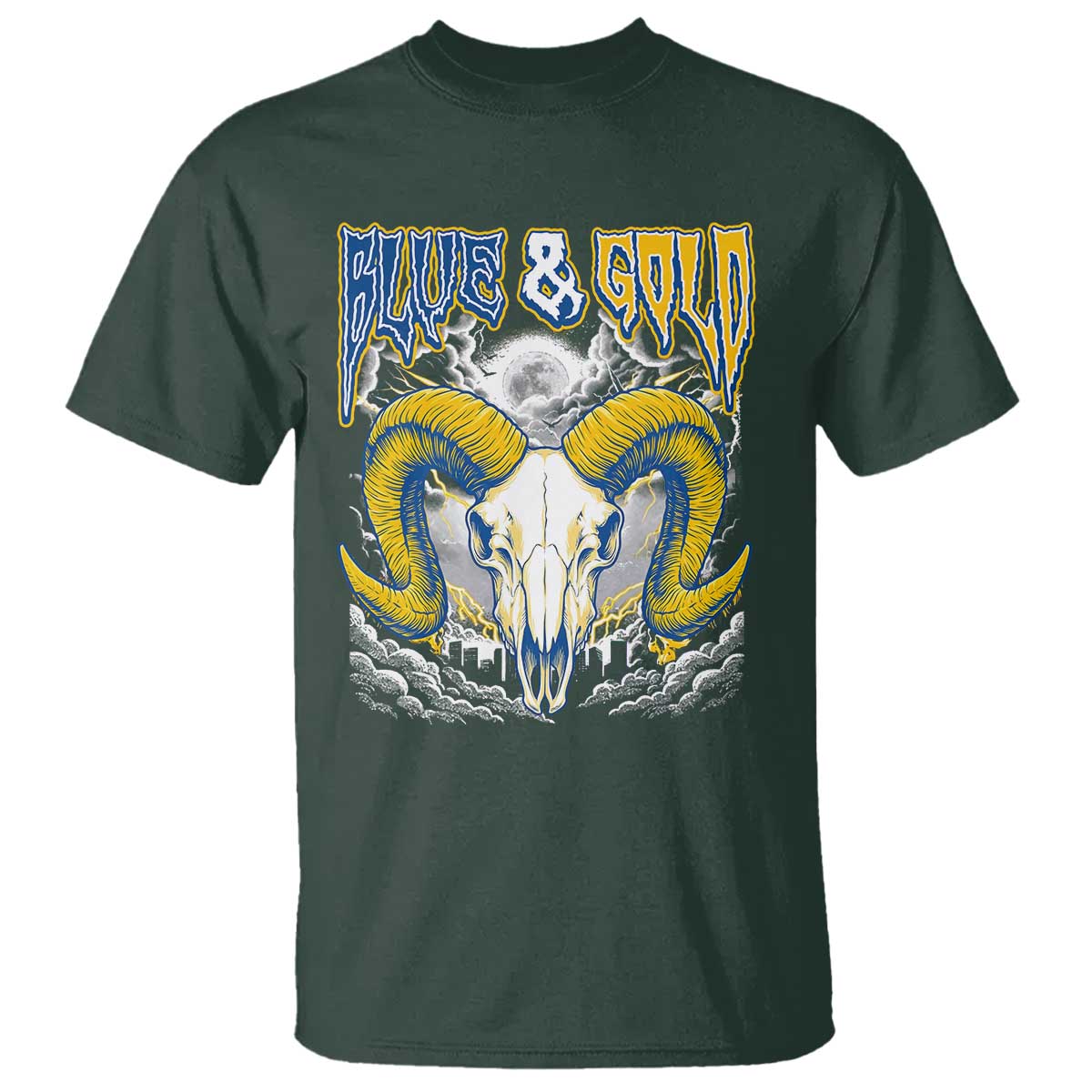 Blue and Gold Lightning Ram Skull Bighorn Sheep Graphic T Shirt Electric City Pride TS02 Dark Forest Green Print Your Wear