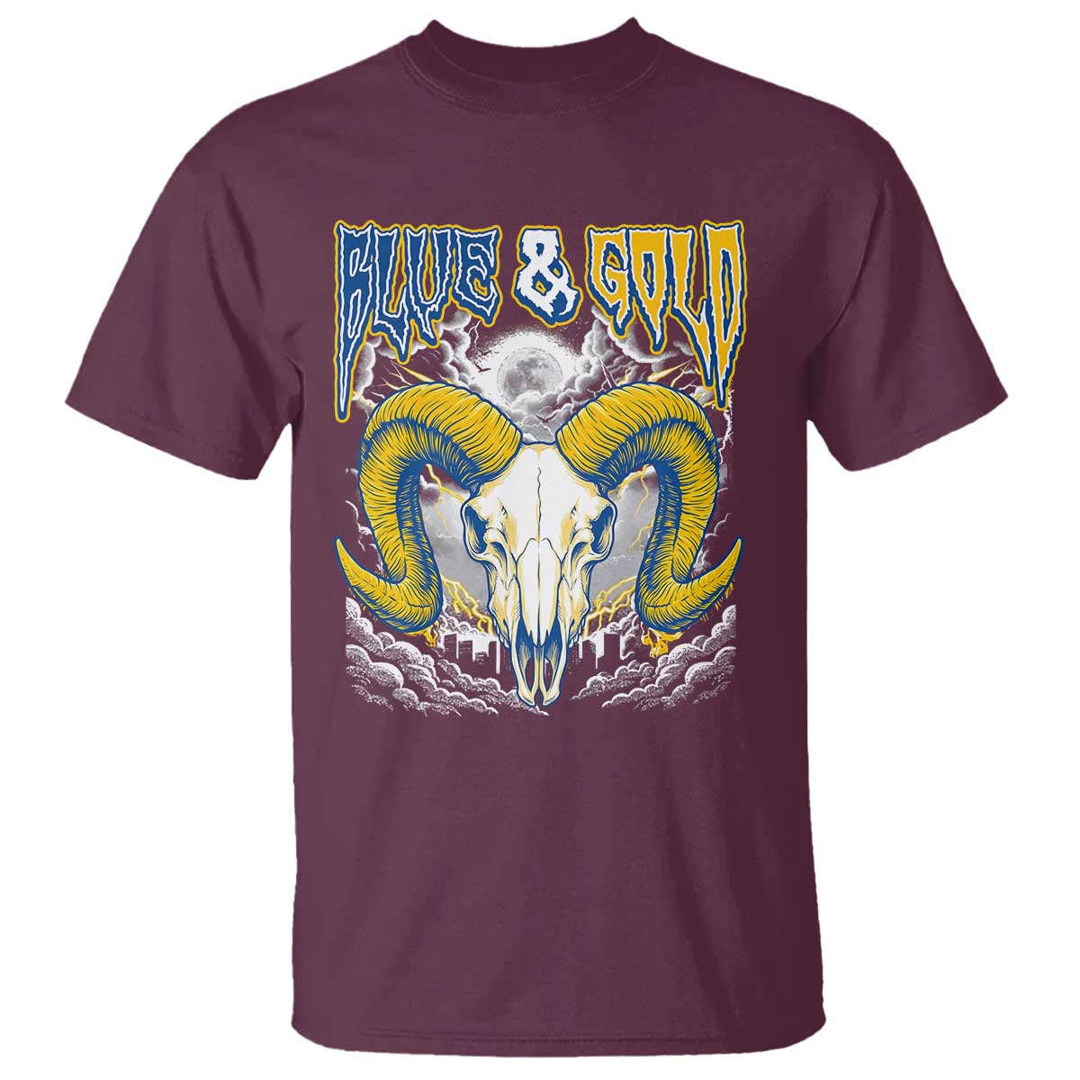 Blue and Gold Lightning Ram Skull Bighorn Sheep Graphic T Shirt Electric City Pride TS02 Maroon Print Your Wear