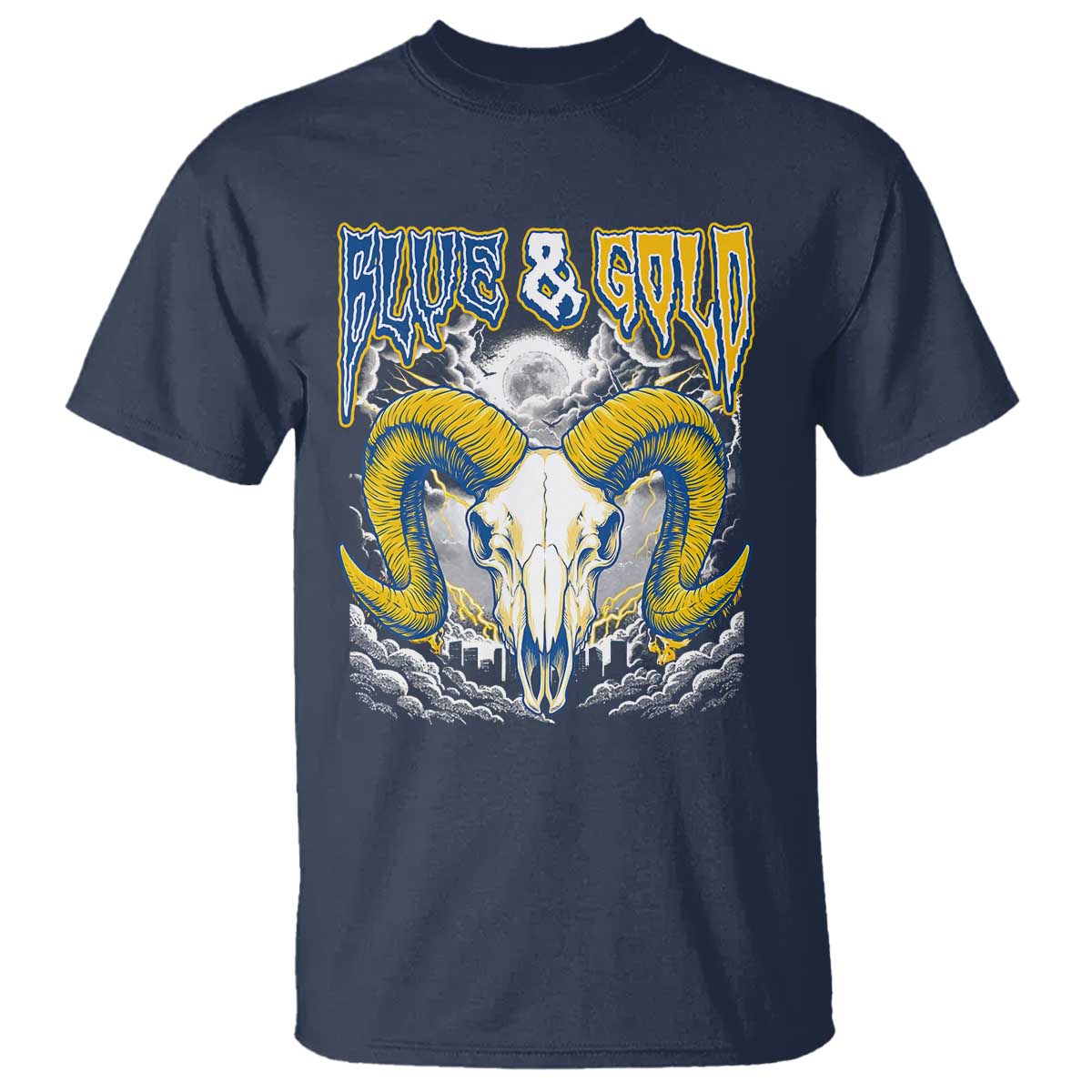 Blue and Gold Lightning Ram Skull Bighorn Sheep Graphic T Shirt Electric City Pride TS02 Navy Print Your Wear