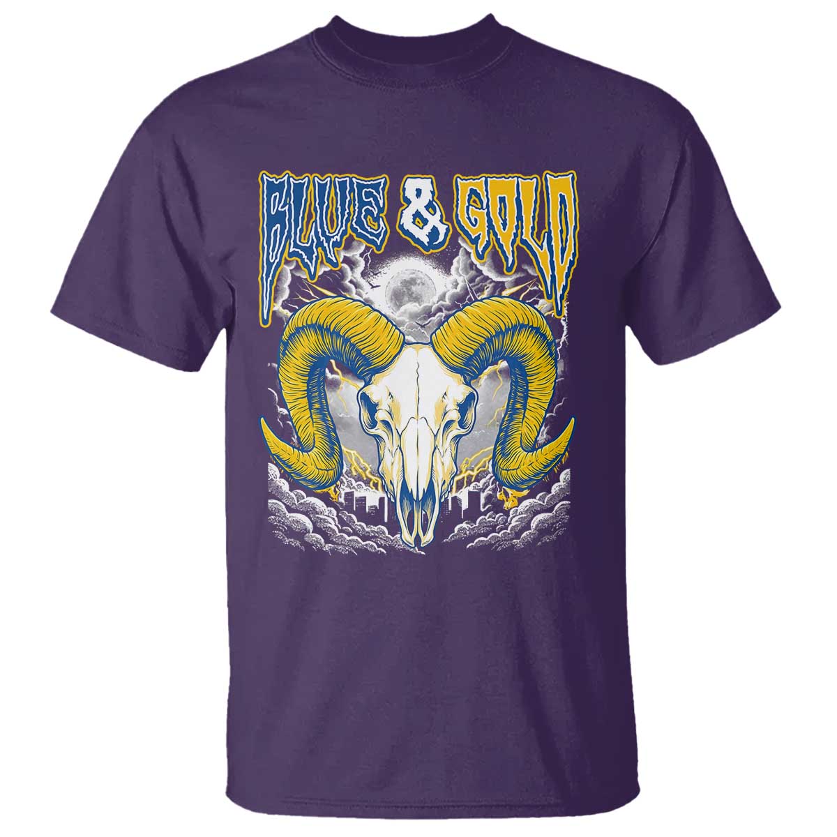 Blue and Gold Lightning Ram Skull Bighorn Sheep Graphic T Shirt Electric City Pride TS02 Purple Print Your Wear
