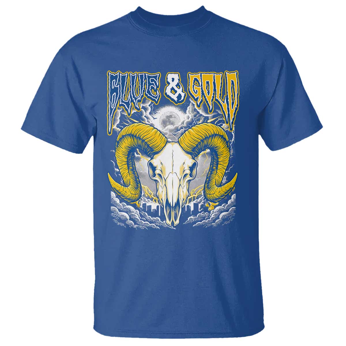 Blue and Gold Lightning Ram Skull Bighorn Sheep Graphic T Shirt Electric City Pride TS02 Royal Blue Print Your Wear