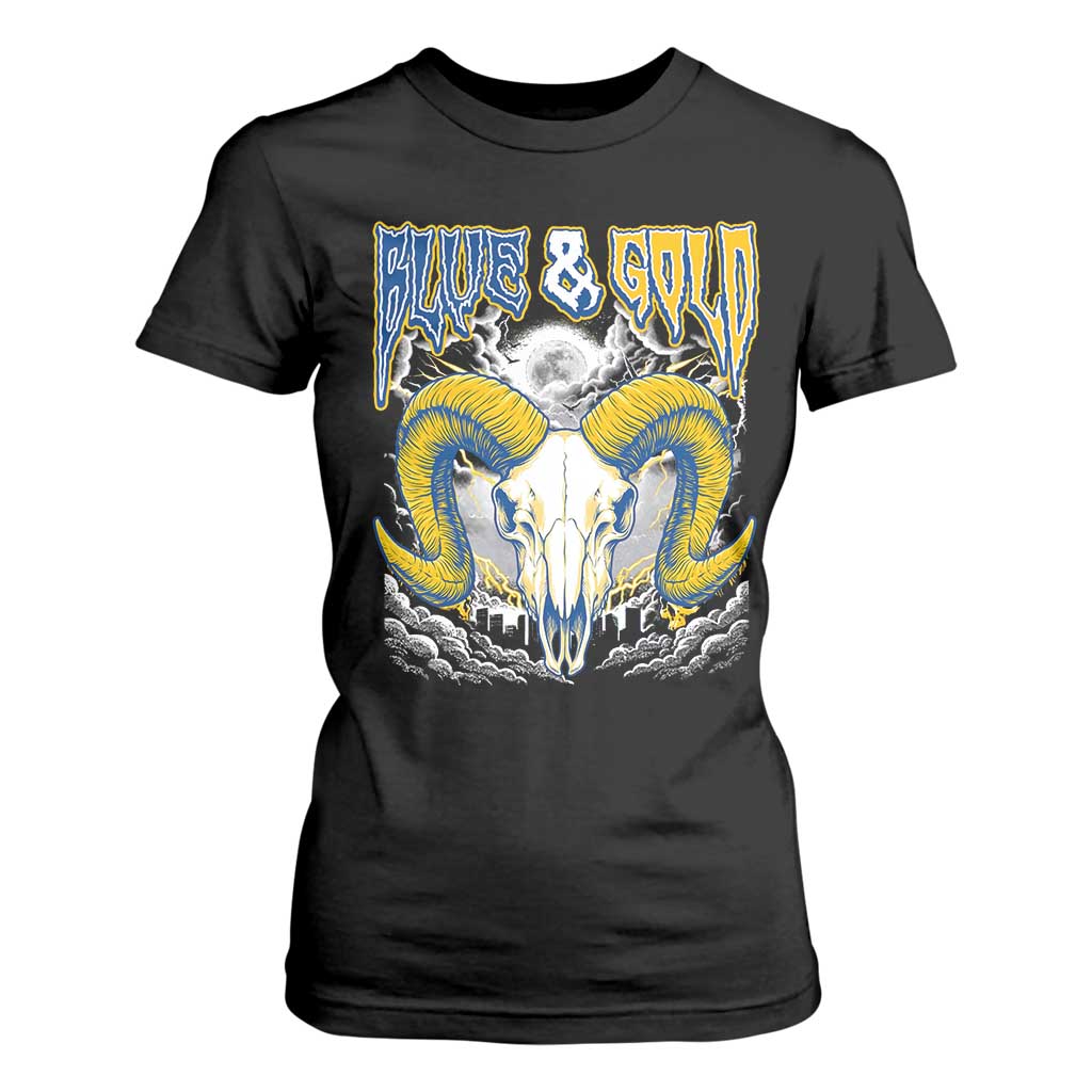Blue and Gold Lightning Ram Skull Bighorn Sheep Graphic T Shirt For Women Electric City Pride TS02 Black Print Your Wear