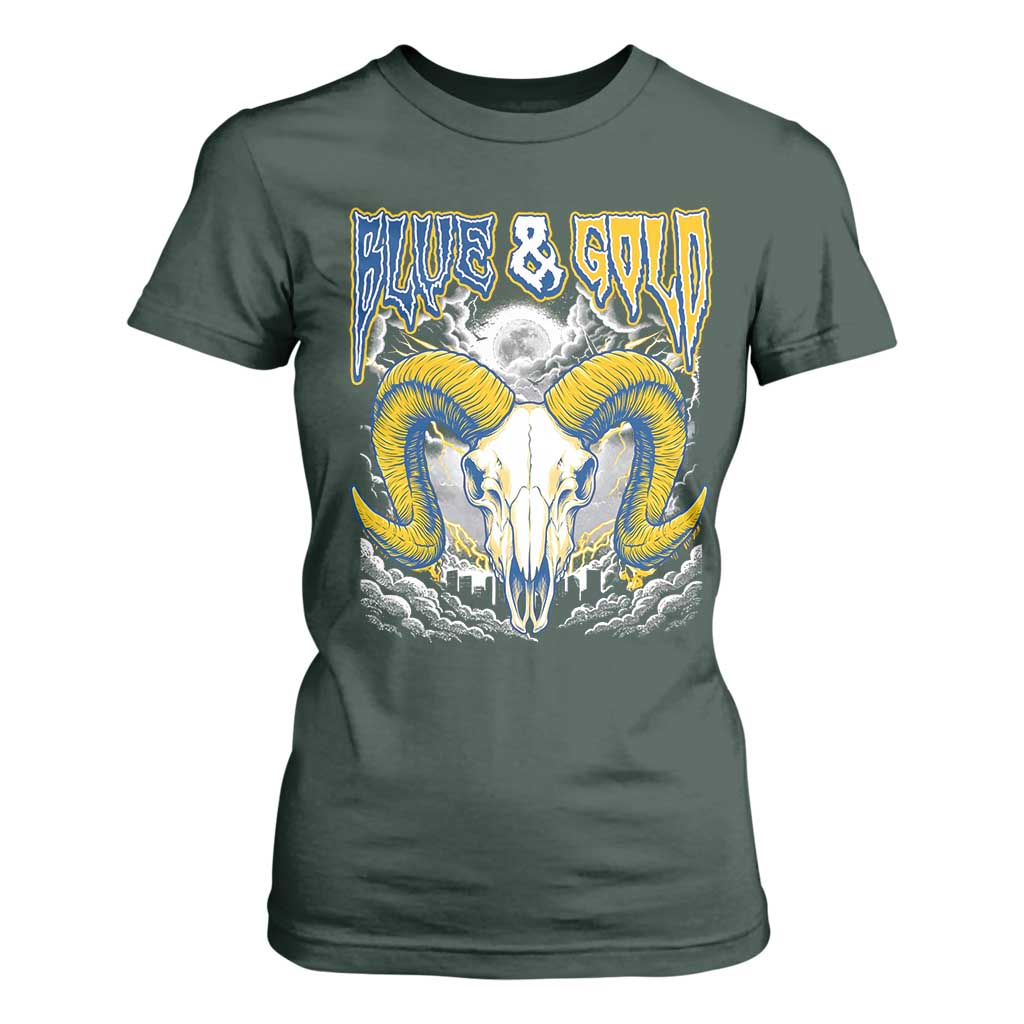 Blue and Gold Lightning Ram Skull Bighorn Sheep Graphic T Shirt For Women Electric City Pride TS02 Dark Forest Green Print Your Wear