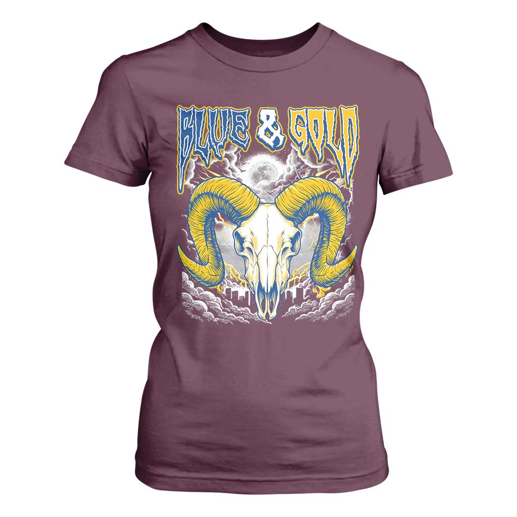 Blue and Gold Lightning Ram Skull Bighorn Sheep Graphic T Shirt For Women Electric City Pride TS02 Maroon Print Your Wear