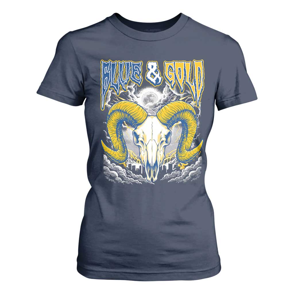 Blue and Gold Lightning Ram Skull Bighorn Sheep Graphic T Shirt For Women Electric City Pride TS02 Navy Print Your Wear