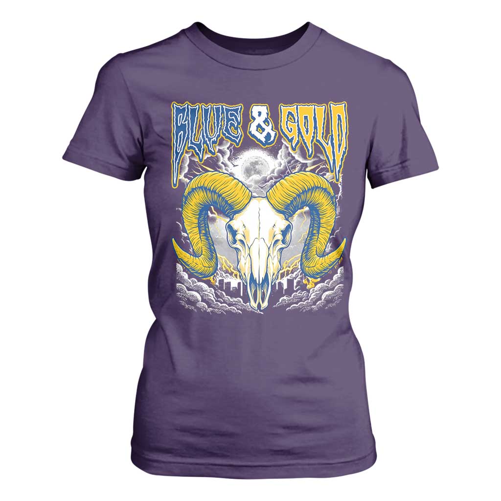 Blue and Gold Lightning Ram Skull Bighorn Sheep Graphic T Shirt For Women Electric City Pride TS02 Purple Print Your Wear