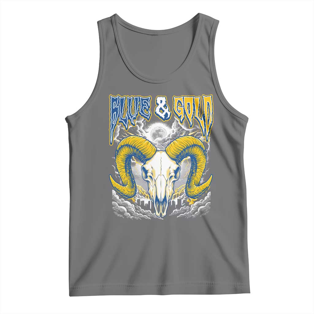 Blue and Gold Lightning Ram Skull Bighorn Sheep Graphic Tank Top Electric City Pride TS02 Black Heather Print Your Wear