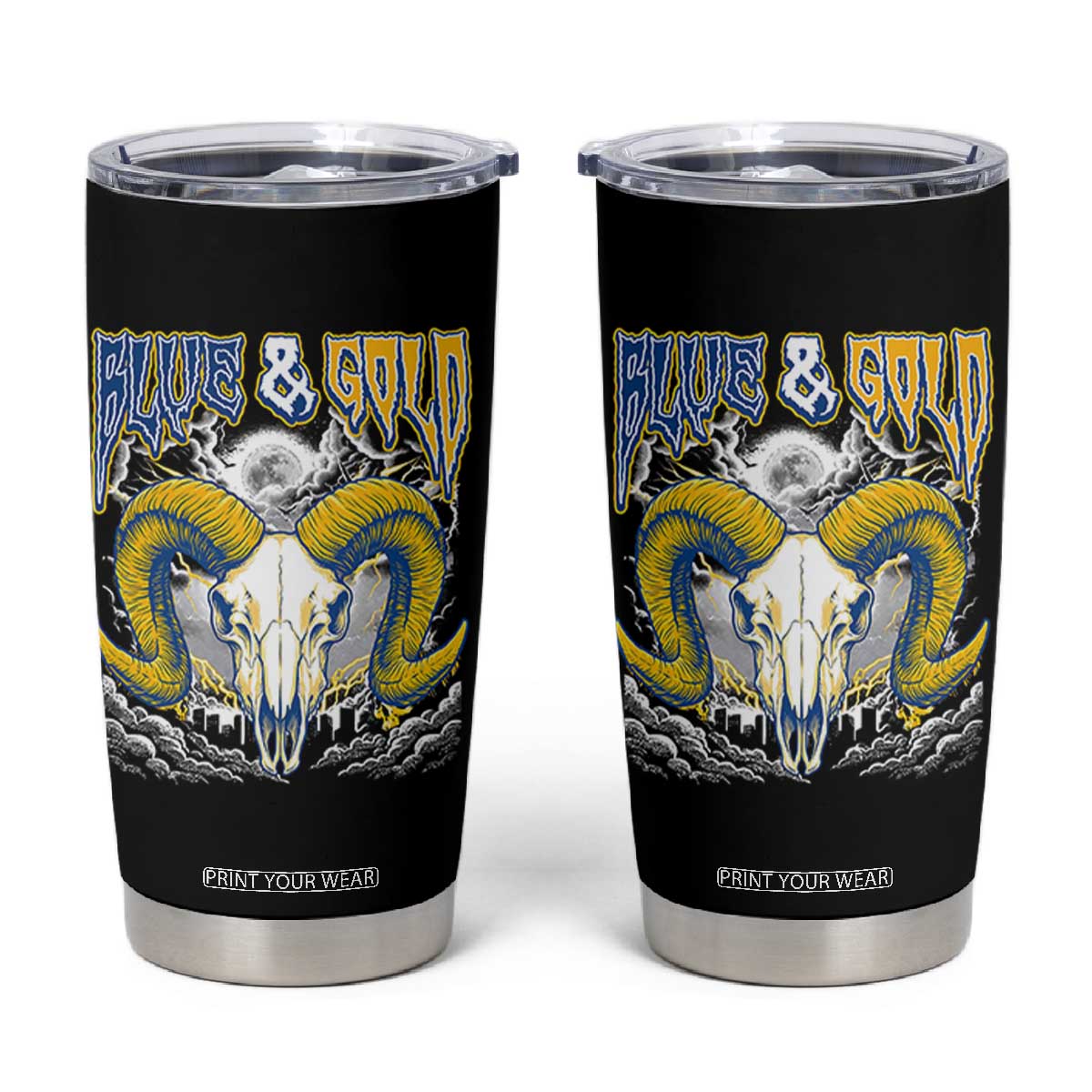 Blue and Gold Lightning Ram Skull Bighorn Sheep Graphic Tumbler Cup Electric City Pride TS02 Black Print Your Wear