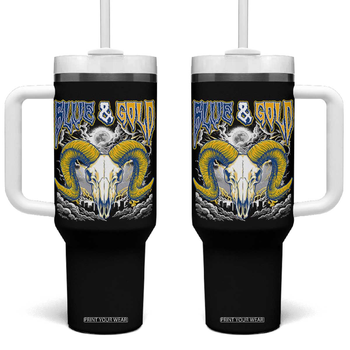 Blue and Gold Lightning Ram Skull Bighorn Sheep Graphic Tumbler With Handle Electric City Pride TS02 One Size: 40 oz Black Print Your Wear