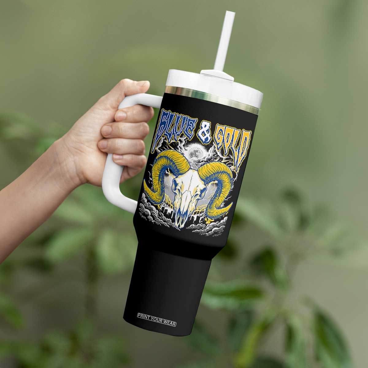 Blue and Gold Lightning Ram Skull Bighorn Sheep Graphic Tumbler With Handle Electric City Pride TS02 Print Your Wear