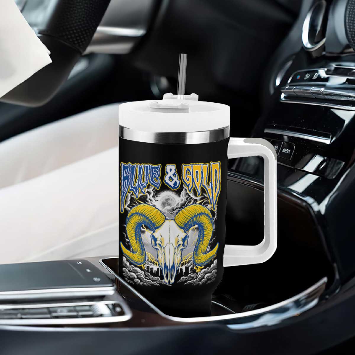 Blue and Gold Lightning Ram Skull Bighorn Sheep Graphic Tumbler With Handle Electric City Pride TS02 Print Your Wear