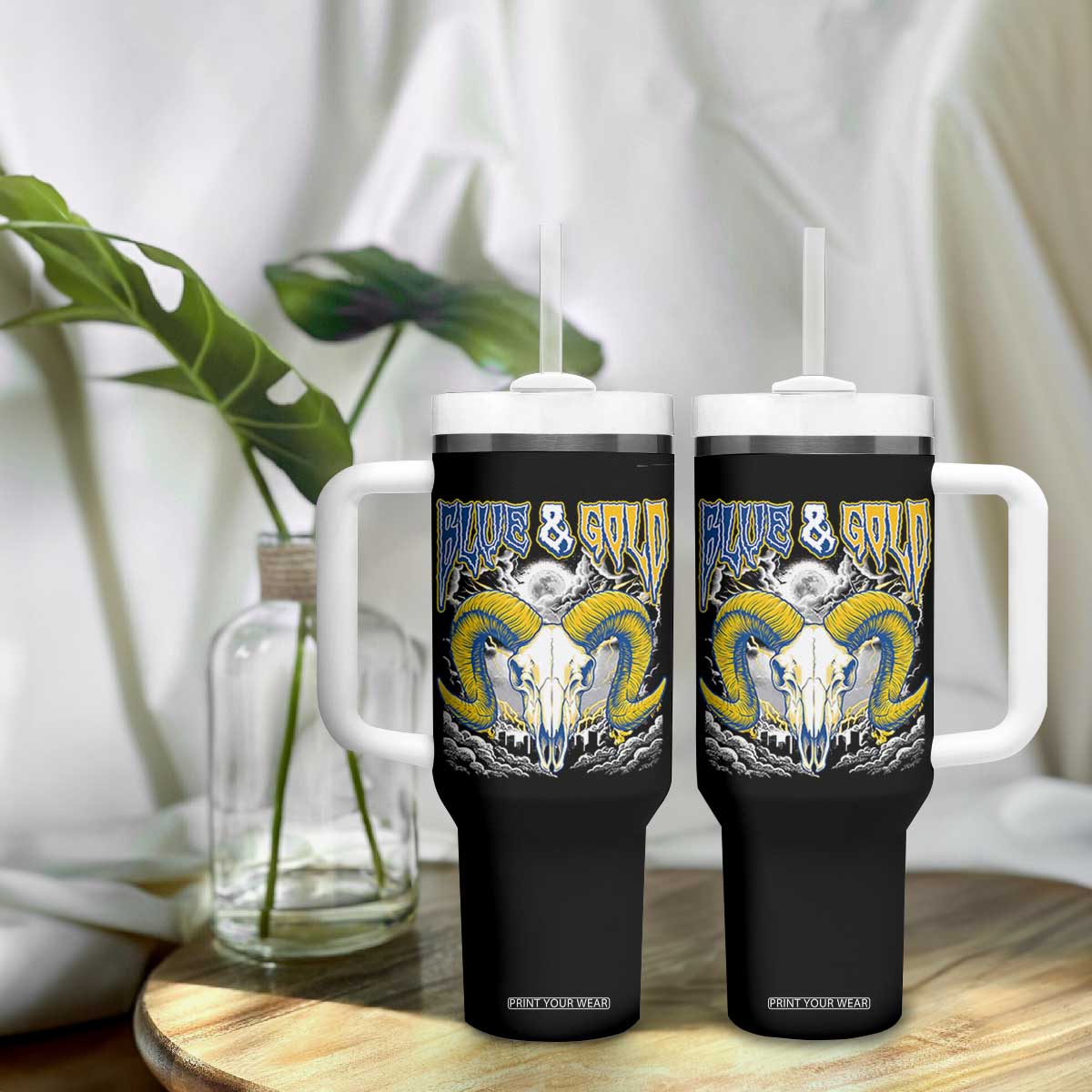 Blue and Gold Lightning Ram Skull Bighorn Sheep Graphic Tumbler With Handle Electric City Pride TS02 Print Your Wear