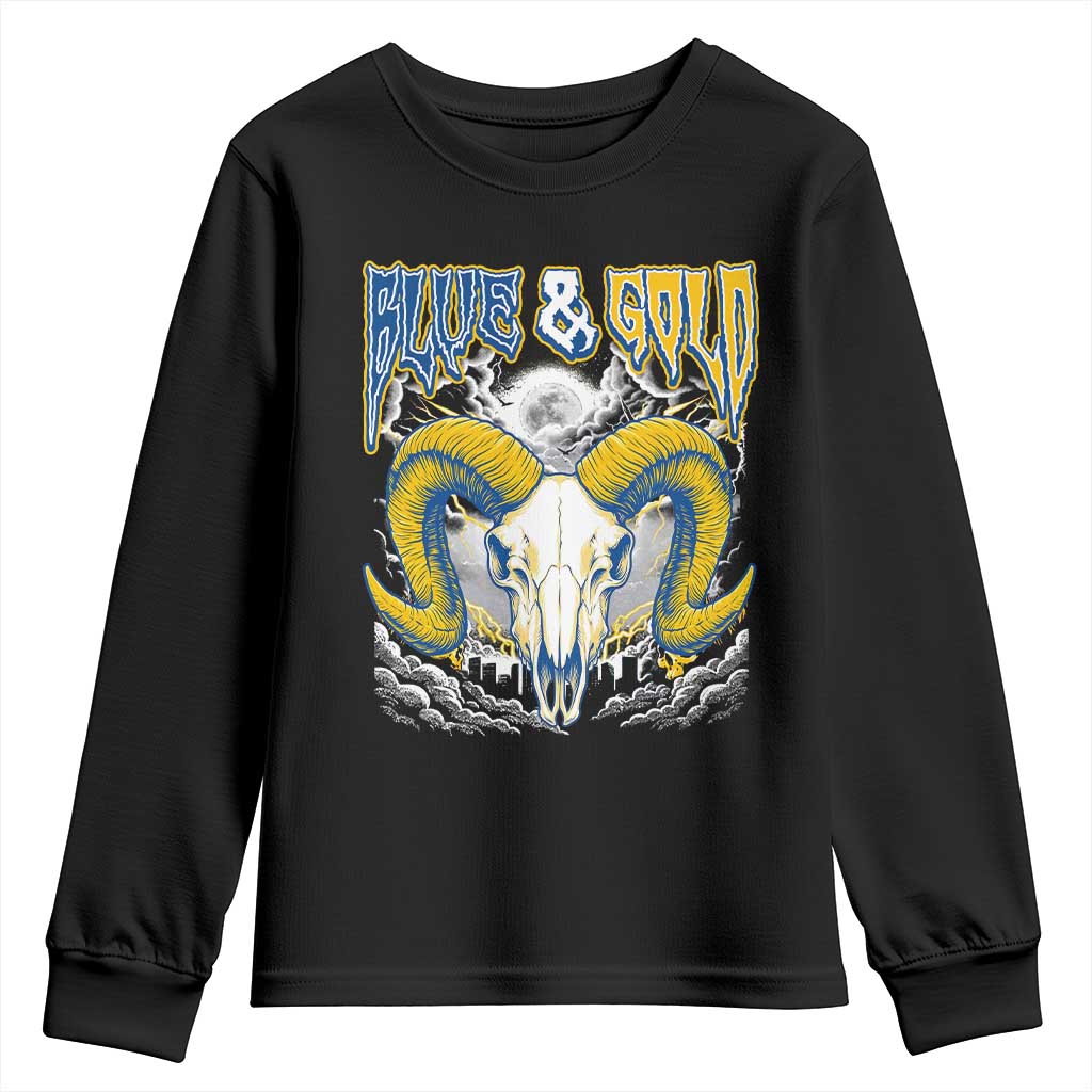 Blue and Gold Lightning Ram Skull Bighorn Sheep Graphic Youth Sweatshirt Electric City Pride TS02 Black Print Your Wear