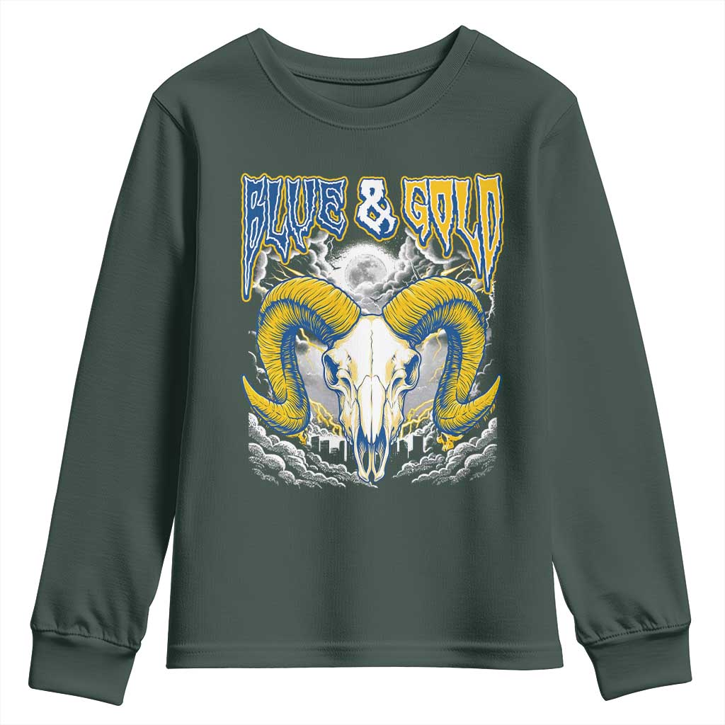 Blue and Gold Lightning Ram Skull Bighorn Sheep Graphic Youth Sweatshirt Electric City Pride TS02 Dark Forest Green Print Your Wear