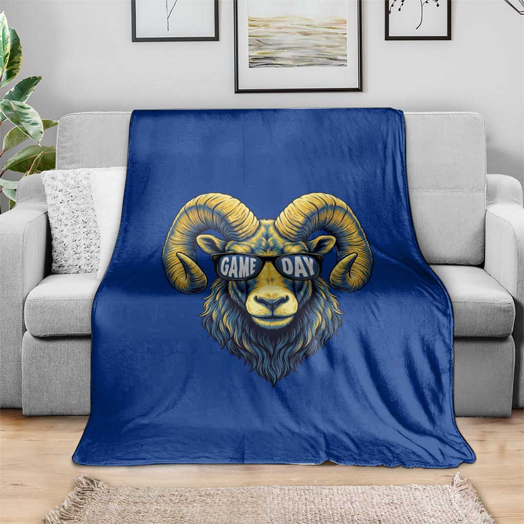 Cool Ram Game Day Bighorn Sheep Graphic Throw Blanket Bold Blue and Gold Fan TS02 Print Your Wear