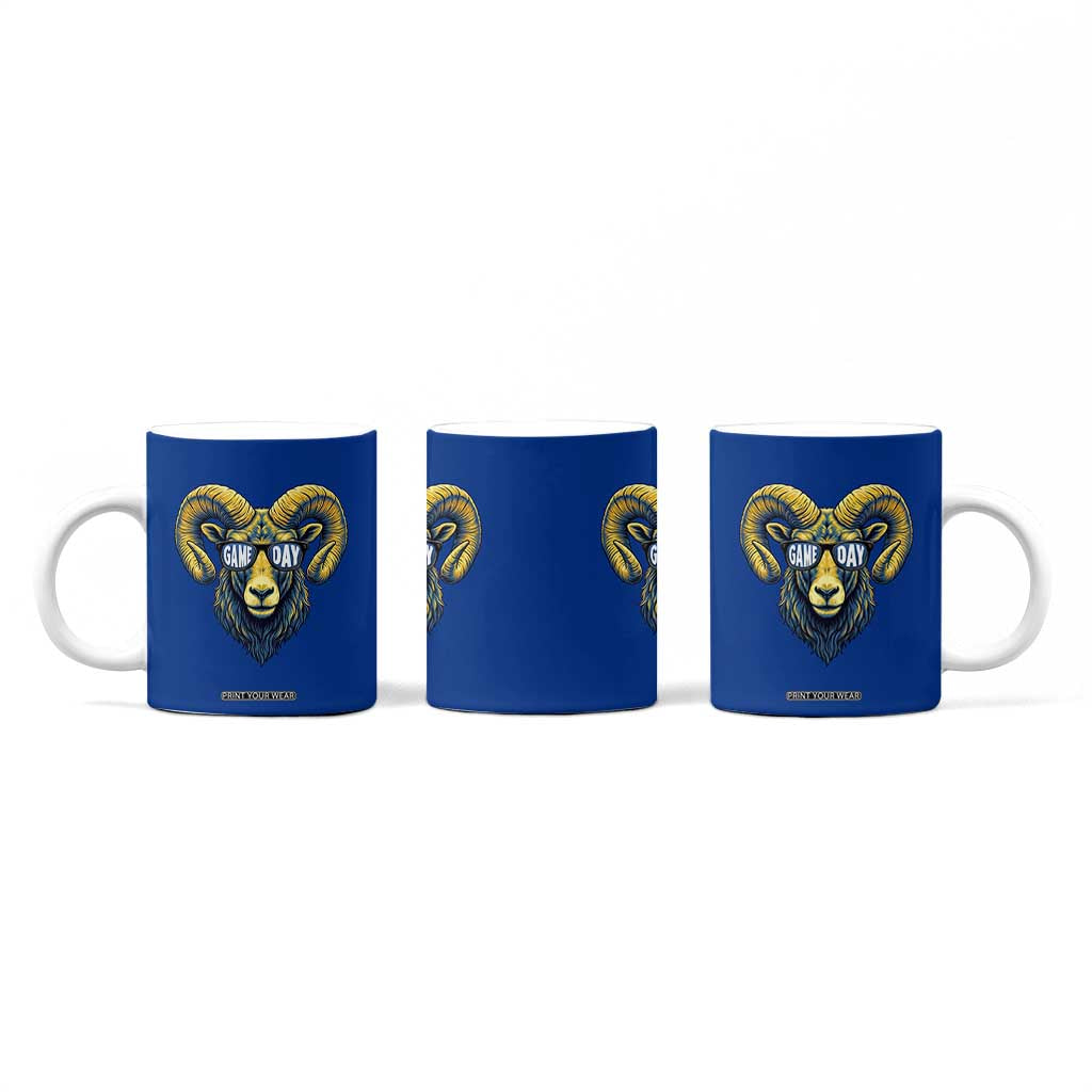 Cool Ram Game Day Bighorn Sheep Graphic Coffee Mug Bold Blue and Gold Fan TS02 Print Your Wear