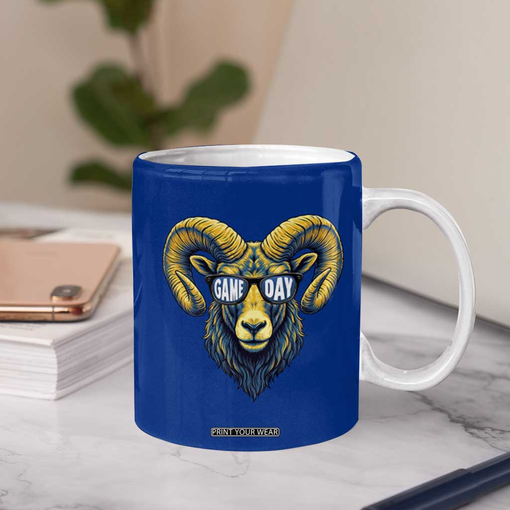 Cool Ram Game Day Bighorn Sheep Graphic Coffee Mug Bold Blue and Gold Fan TS02 Print Your Wear