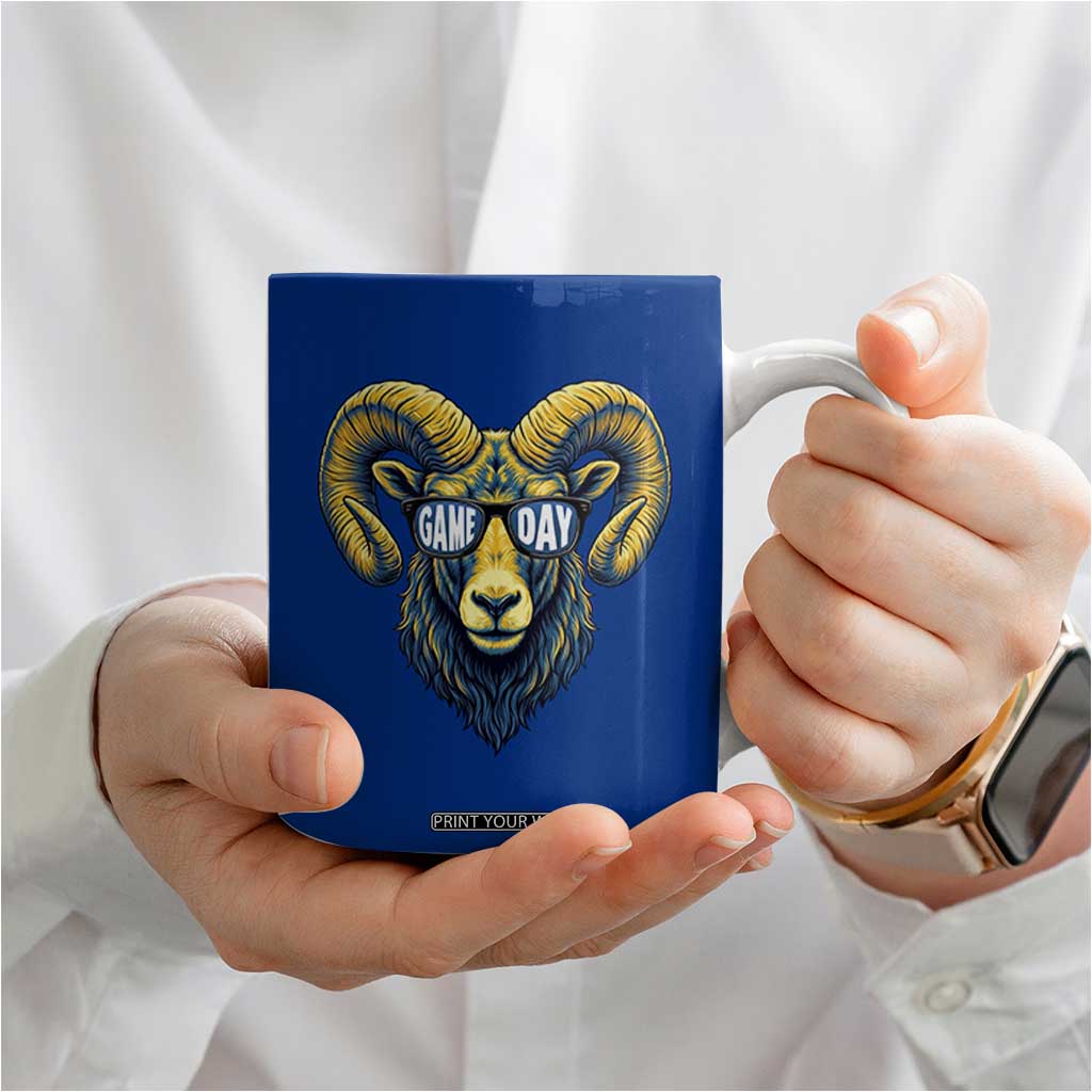 Cool Ram Game Day Bighorn Sheep Graphic Coffee Mug Bold Blue and Gold Fan TS02 Print Your Wear