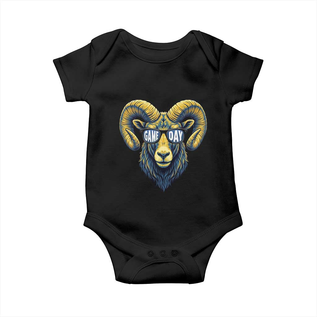 Cool Ram Game Day Bighorn Sheep Graphic Baby Onesie Bold Blue and Gold Fan TS02 Black Print Your Wear