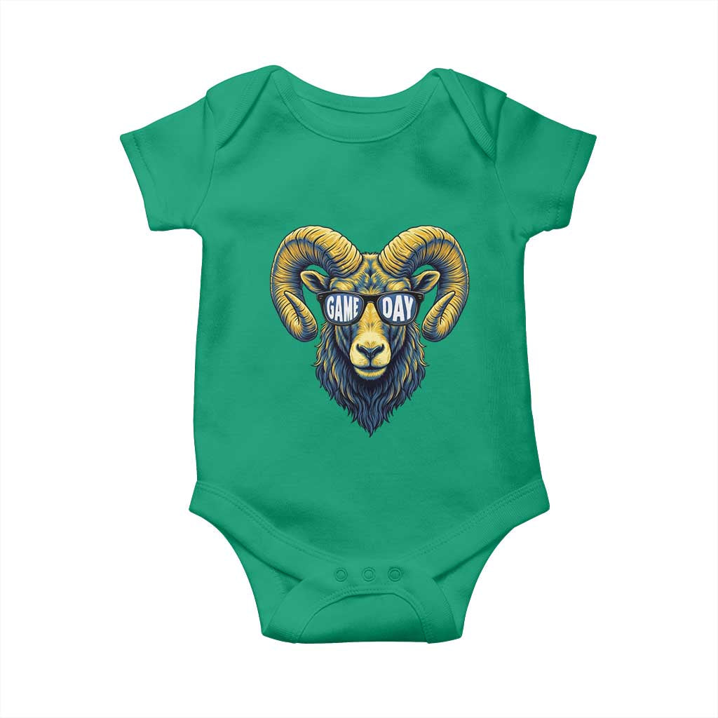 Cool Ram Game Day Bighorn Sheep Graphic Baby Onesie Bold Blue and Gold Fan TS02 Irish Green Print Your Wear