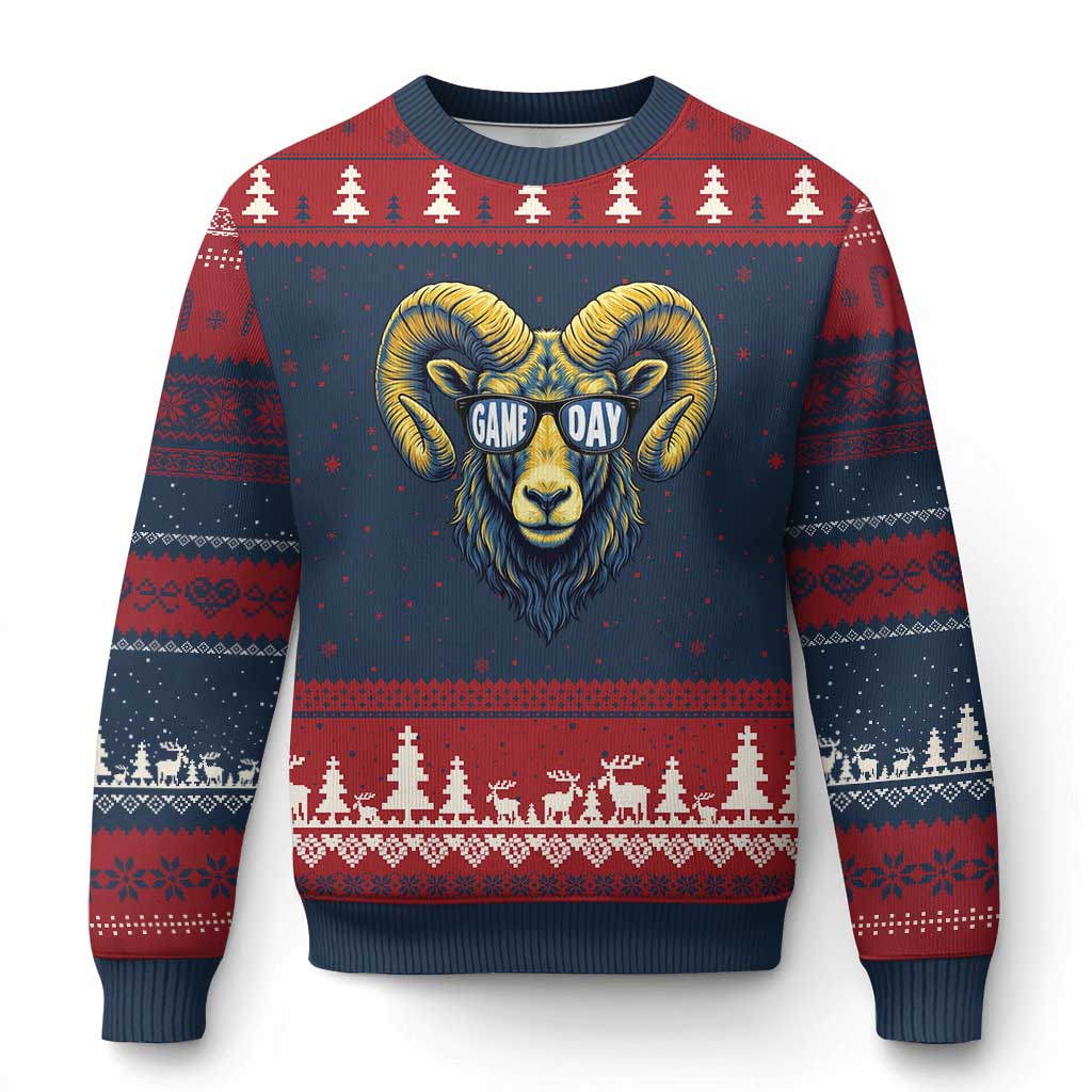 Cool Ram Game Day Bighorn Sheep Graphic Ugly Christmas Sweater Bold Blue and Gold Fan TS02 Navy Red Print Your Wear