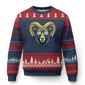 Cool Ram Game Day Bighorn Sheep Graphic Ugly Christmas Sweater Bold Blue and Gold Fan TS02 Navy Red Print Your Wear