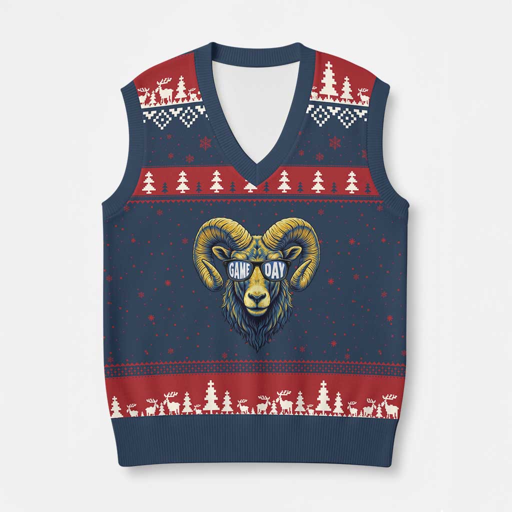 Cool Ram Game Day Bighorn Sheep Graphic V-Neck Knit Sweater Vest Bold Blue and Gold Fan TS02 Navy Red Print Your Wear