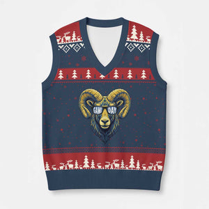 Cool Ram Game Day Bighorn Sheep Graphic V-Neck Knit Sweater Vest Bold Blue and Gold Fan TS02 Navy Red Print Your Wear