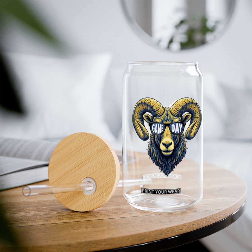 Cool Ram Game Day Bighorn Sheep Graphic Glass Can Bold Blue and Gold Fan TS02 Print Your Wear
