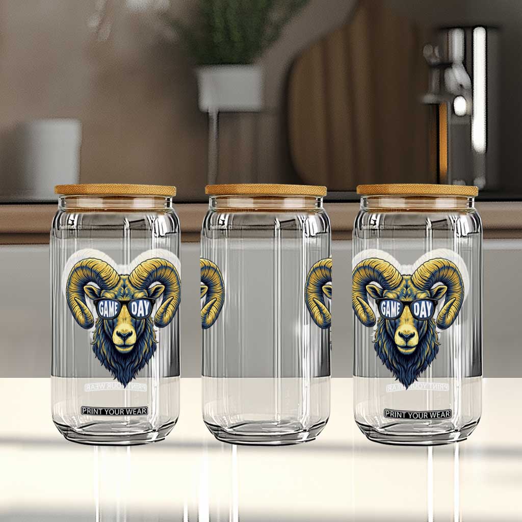 Cool Ram Game Day Bighorn Sheep Graphic Glass Can Bold Blue and Gold Fan TS02 Print Your Wear