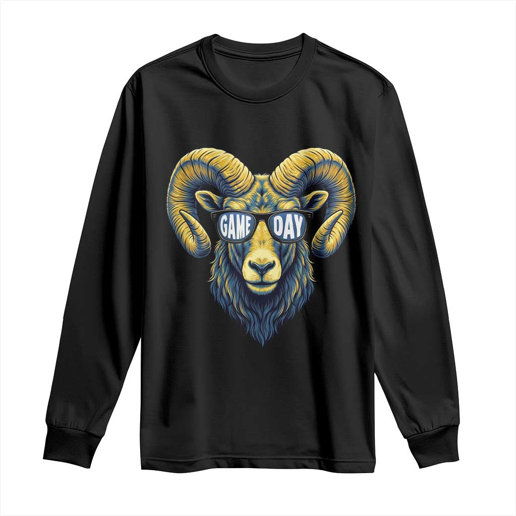 Cool Ram Game Day Bighorn Sheep Graphic Long Sleeve Shirt Bold Blue and Gold Fan TS02 Black Print Your Wear