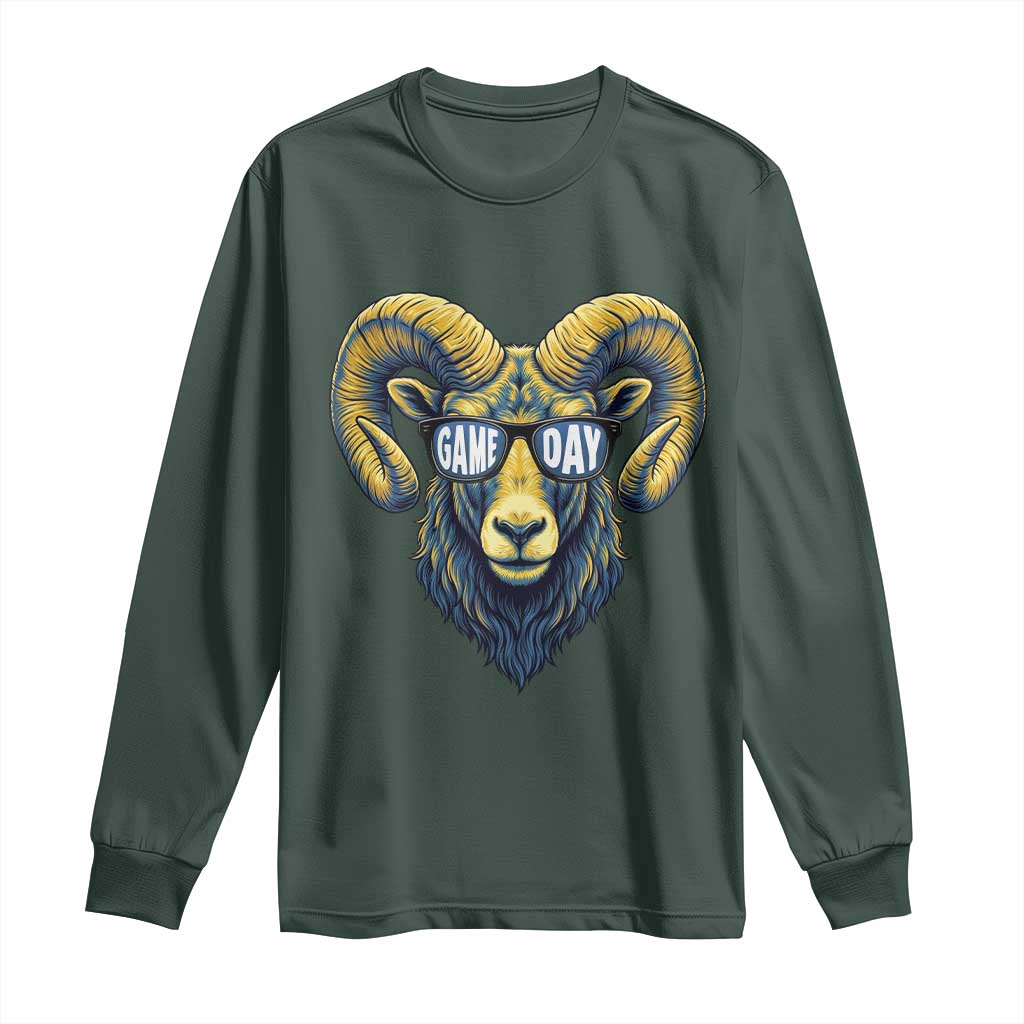 Cool Ram Game Day Bighorn Sheep Graphic Long Sleeve Shirt Bold Blue and Gold Fan TS02 Dark Forest Green Print Your Wear