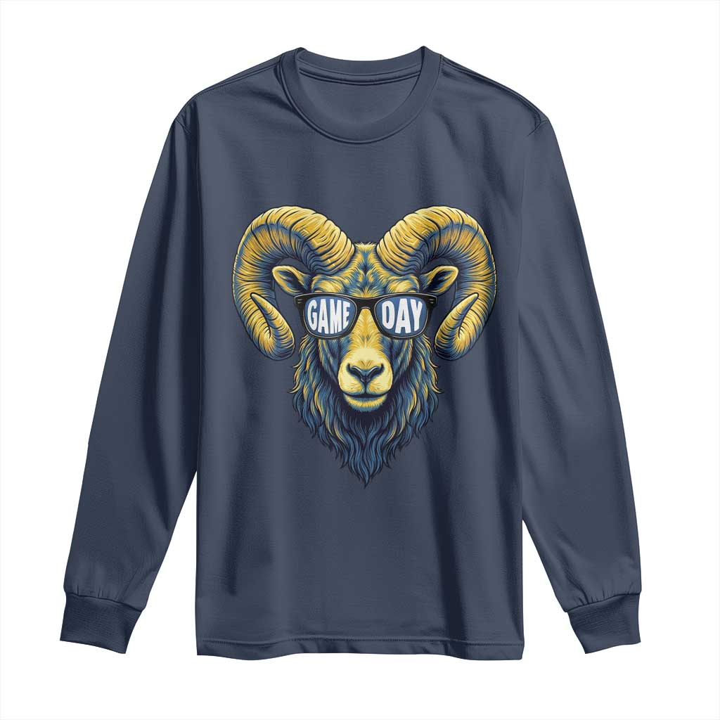 Cool Ram Game Day Bighorn Sheep Graphic Long Sleeve Shirt Bold Blue and Gold Fan TS02 Navy Print Your Wear