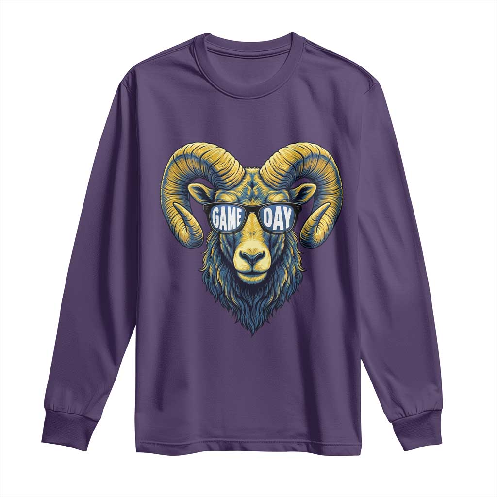 Cool Ram Game Day Bighorn Sheep Graphic Long Sleeve Shirt Bold Blue and Gold Fan TS02 Purple Print Your Wear